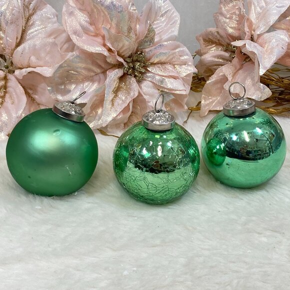 Set of 9 Kugel Style Green Mercury Glass Christmas Ornaments Crackled Matte New - Picture 2 of 7
